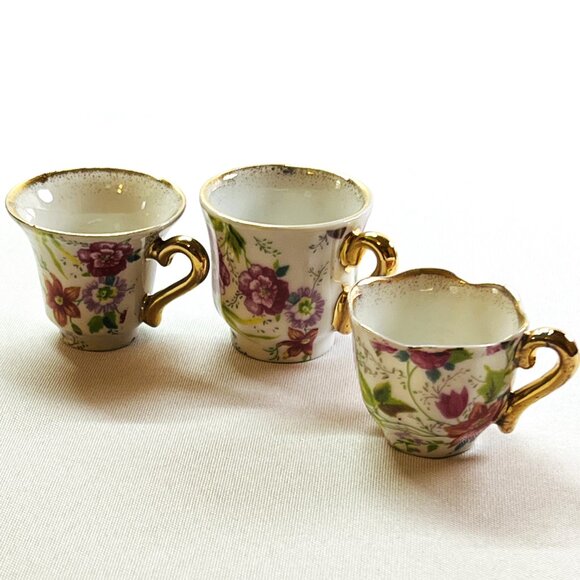 Vintage FIVE Miniature Porcelain Teacups & Plate Pink Floral Rose Gold Gilt - Picture 6 of 10